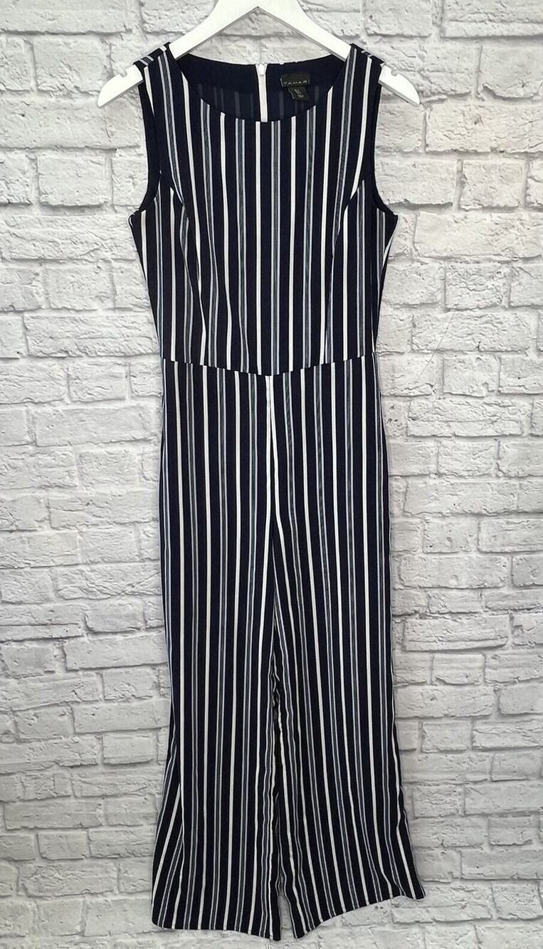 Tahari Navy Blue Striped Jumpsuit Size 4 Sleeveless Pockets Wide-Leg